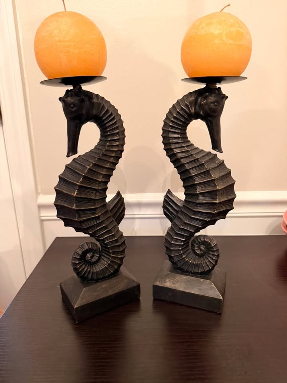 Z Gallerie Pair of Bronze Seahorse Pillar Candle Holders 12" - Coastal Decor